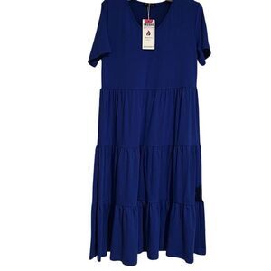 "NEW" Berydress Blue V-neck Short Sleeve Tiered Casual Midi Dress Ladies Large